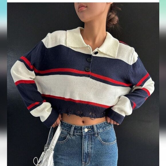 Dazy Womens' Pullovers Long Sleeve Colorblock Neck Crop Sweater Sz L - Picture 1 of 12